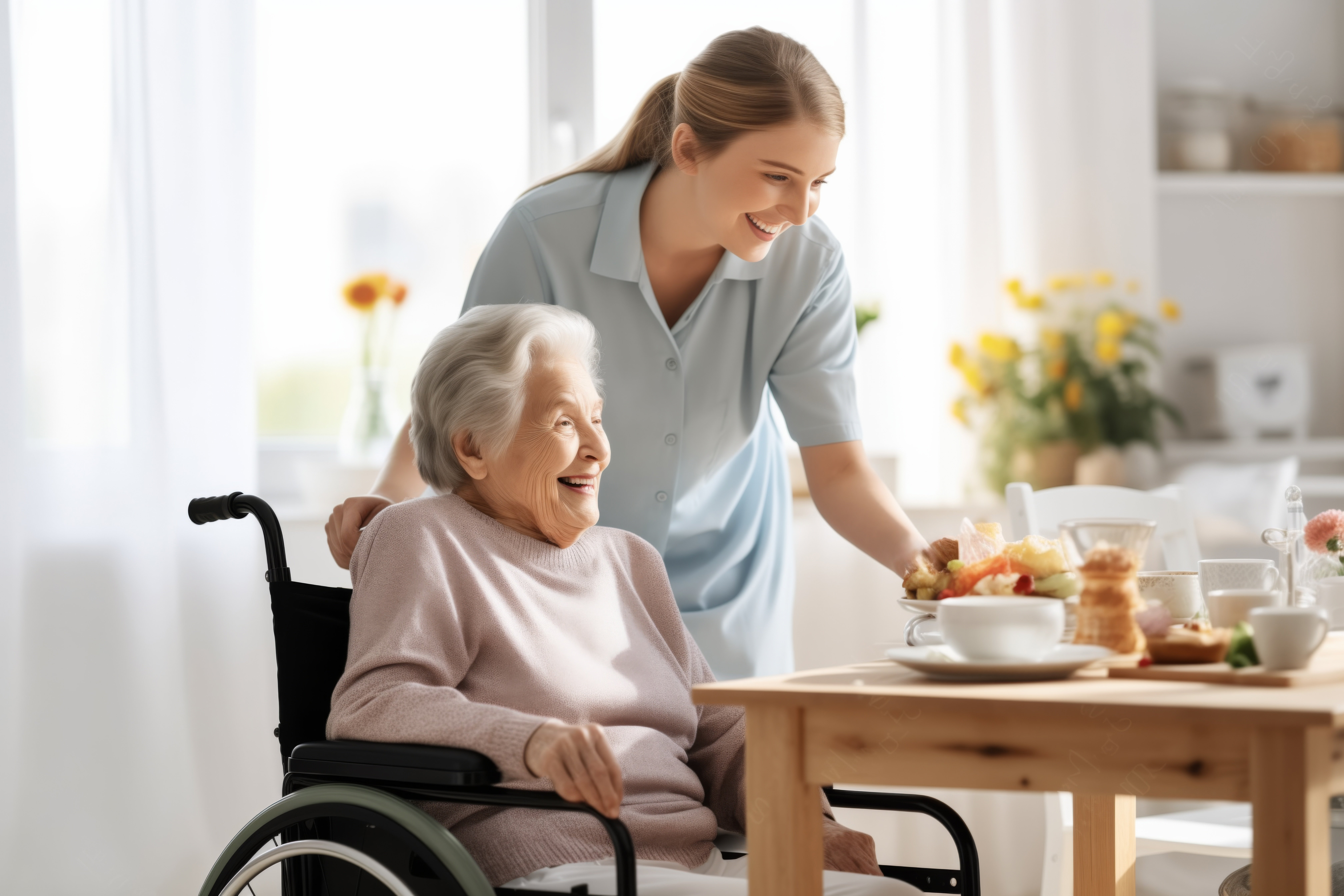 Professional caregiver assisting elderly patient at home