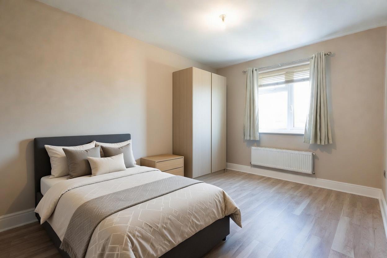 A comfortable, well-maintained private bedroom in a Thrive Bucks supported-living home